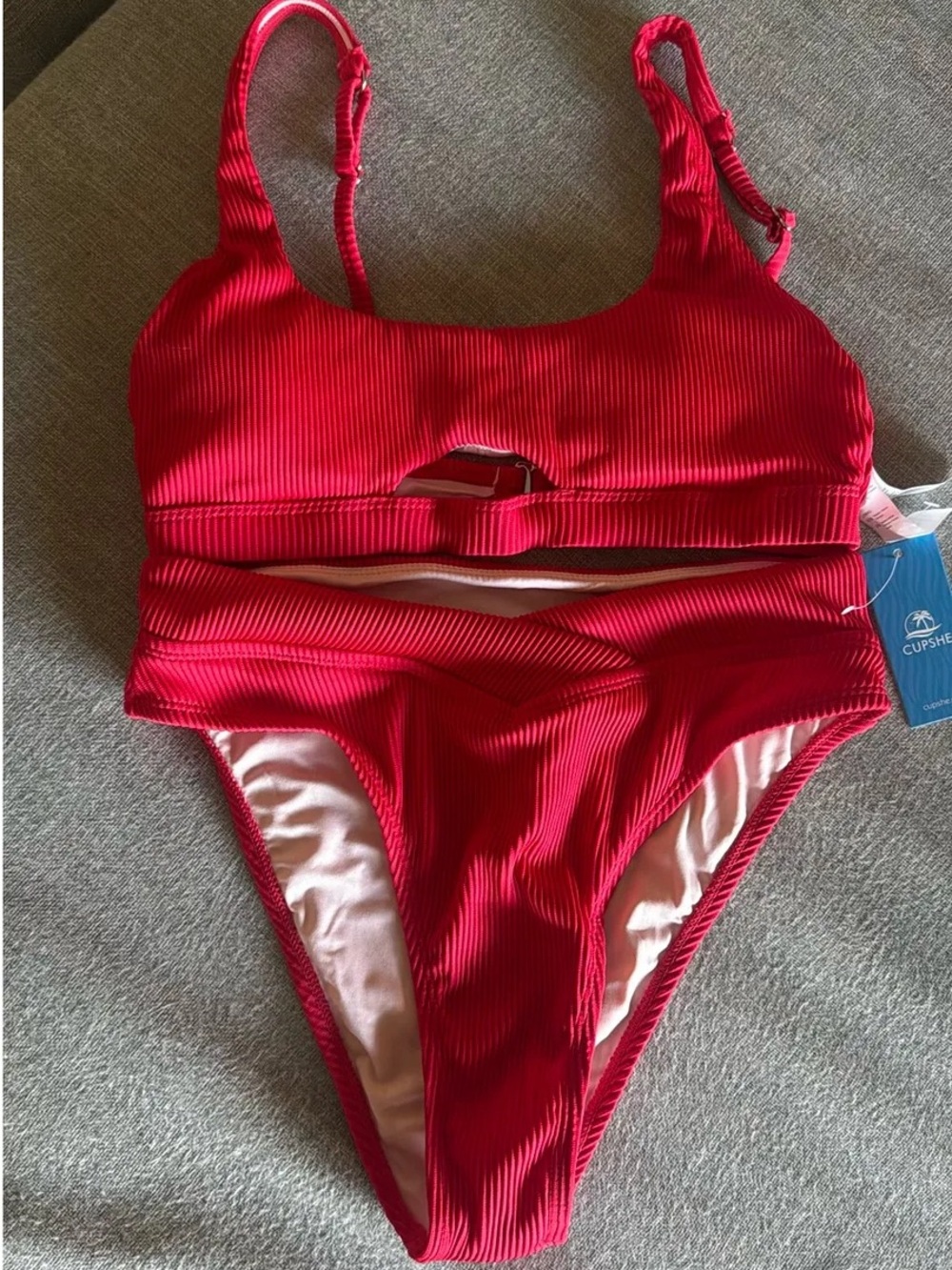 Cupshe Red Ribbed Cutout Bikini Set